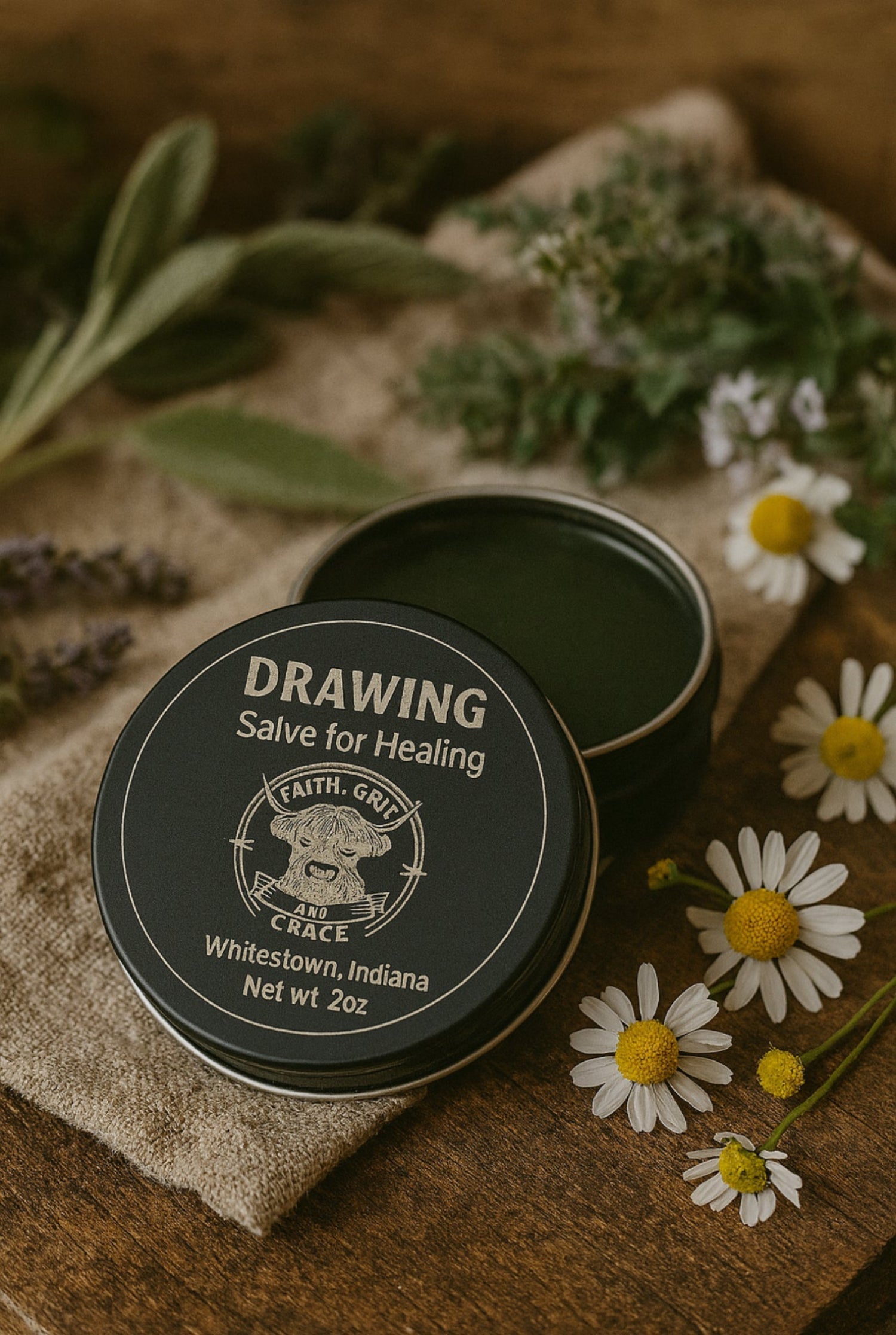 Tin of 'Drawing Salve for Healing' with herbs and flowers on a wooden surface